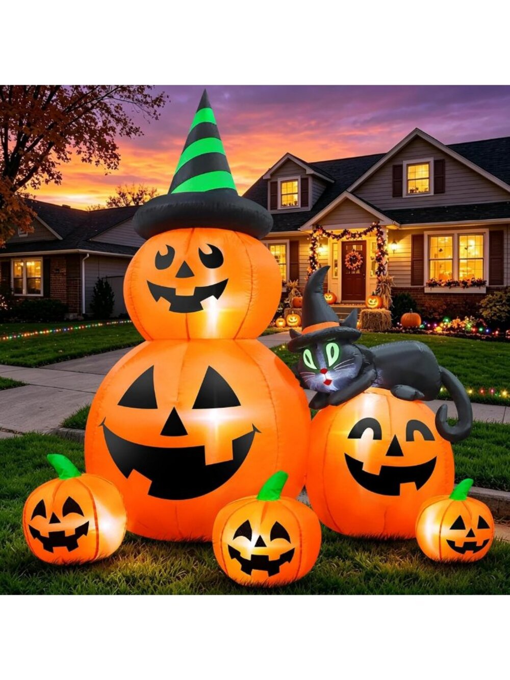 6FT Halloween Inflatable Pumpkins & Witch Cat - LED Outdoor Yard Decor, Spooky
